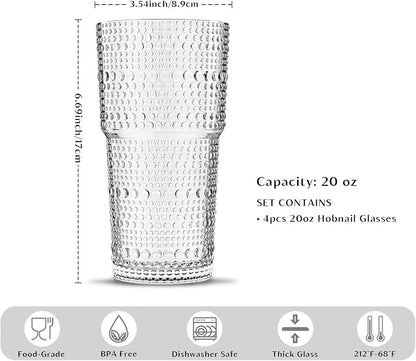 INSETLAN 20oz Hobnail Glass Cups Set of 4, Vintage Drinking Glasses, Iced - Image 3