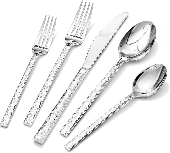 40 Piece Hammered Silverware Set, 18/10 Stainless Steel Flatware Set by KINGSTONE