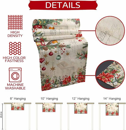 Christmas Poinsettia Table Runner 72 Inches Long, Winter Xmas Balls Birds Table - Image 7