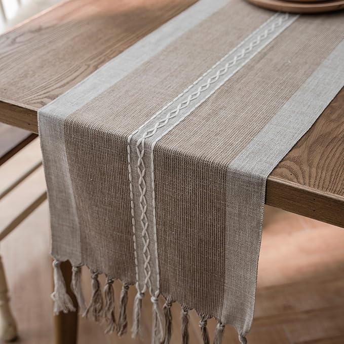 Farmhouse Table Runner, Embroidered Striped Braided Coffee Boho Table Runner - Image 2