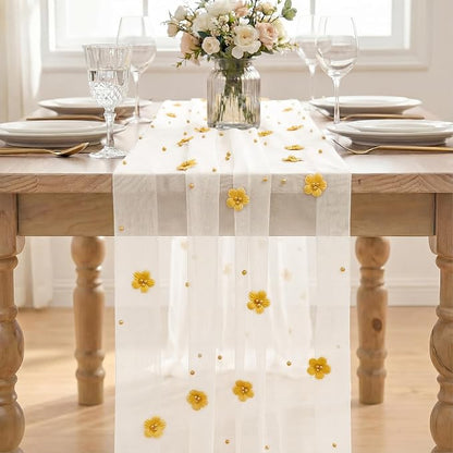 Artoid Mode Yellow Flower Pearl White Gauze Table Runner 10FT 6PC, Seasonal - Image 2