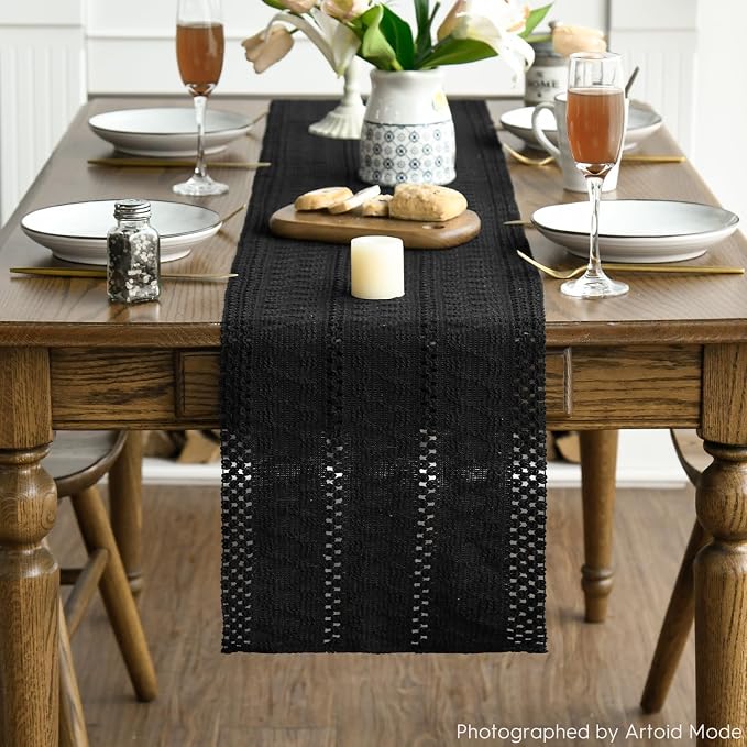 Artoid Mode Black Woven Farmhouse Hollow Table Runner 12x48 Inch | Holiday - Image 2