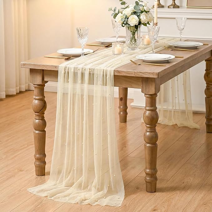 Artoid Mode 6PCS Pearl Champine Gauze Table Runner 120 Inch 10FT, Seasonal - Image 6