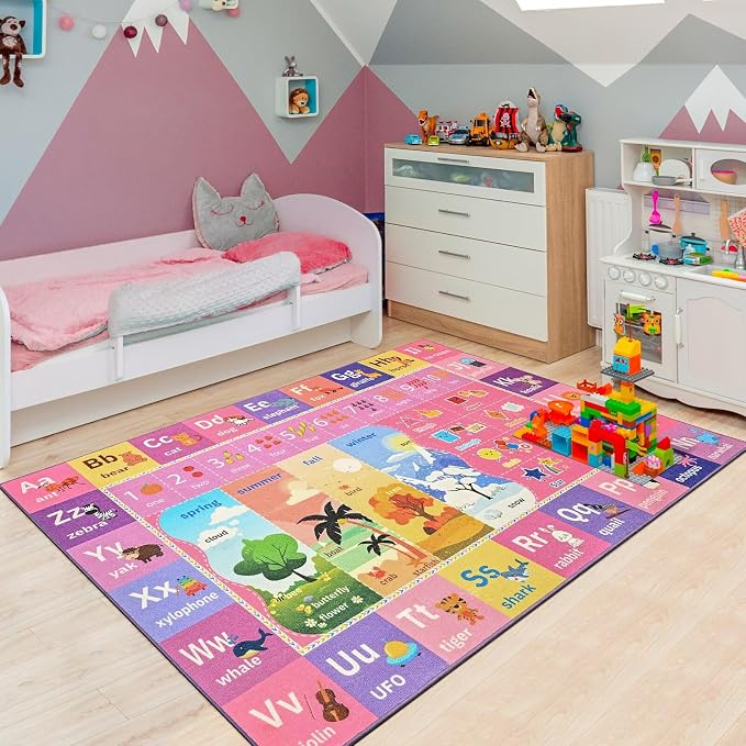 Macgace ABC Kids Rug for Playroom, 5x7 Pink Purple Washable Classroom Area Rugs - Image 3