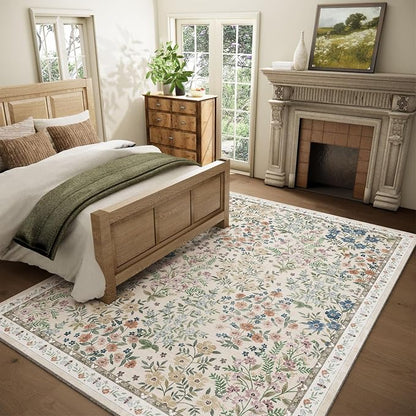 Machine Washable Rugs for Living Room: 8x10 Area Rugs for Bedroom Floral Non - Image 2