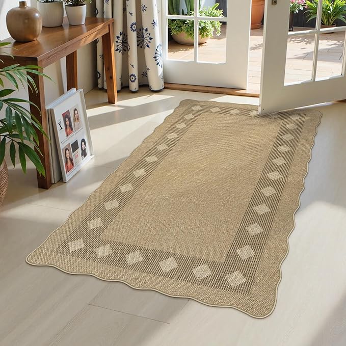 LIVEBOX Scalloped Easy Jute Diamond 3x5 Outdoor Rug, Washable Non-Slip Tan Rugs by LIVEBOX