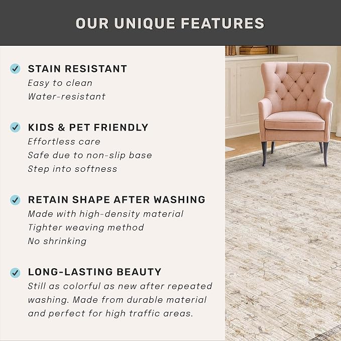 Hazo Haus Washable Ivory Beige Living Room Rug, 8x12 Non Slip Area Rugs - Image 7