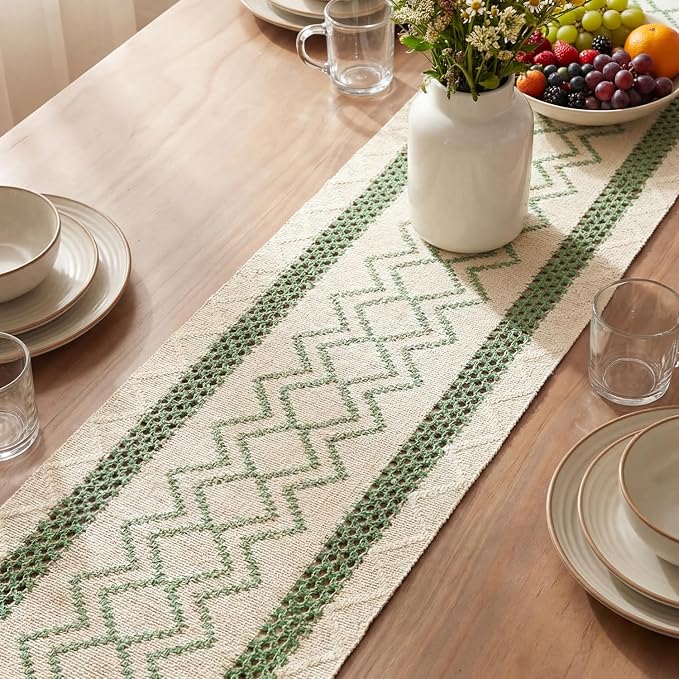 Artoid Mode Sage Green Stripe Diamond Woven Table Runner 12x120 Inch | Holiday - Image 3