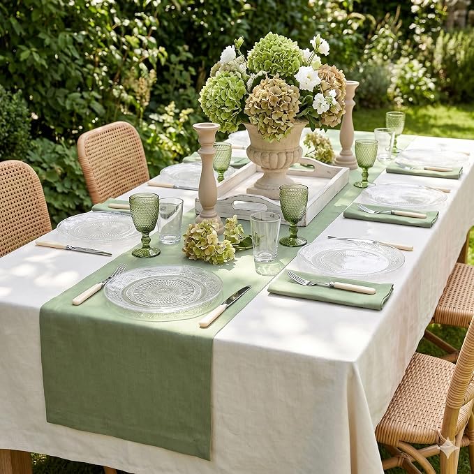 Solino Home 100% Pure Linen Table Runner Oil Green Woven, Fete 14 x 72 in | - Image 2