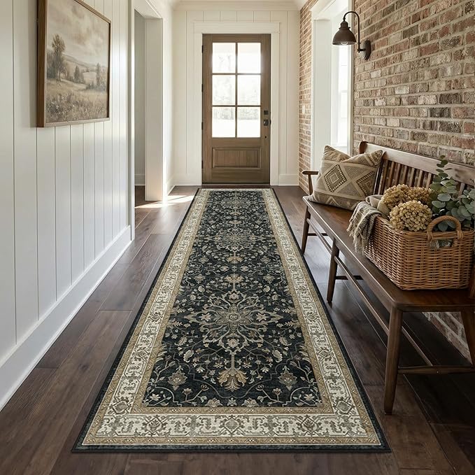 RELEANY Area Rugs Runner 2'6"x8' Washable Non-Slip, Floral Vintage Distress by RELEANY