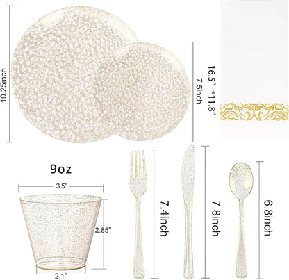Rubtlamp 175 Pcs Gold Glitter Plastic Plates, Hammered Disposable Plates Set - Image 3