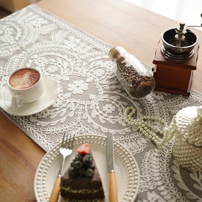Table Runner Embroidered Lace Dresser Runner, 4 Tassel Pendants, Layered Accent - Image 4