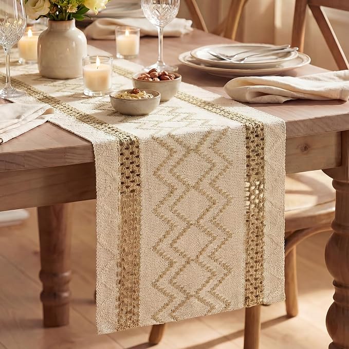 Artoid Mode Burlap Brown Stripe Diamond Woven Table Runner 12x108 Inch | by ArtoidMode