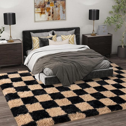 Shag Rugs for Living Room 9x12, Ultra Soft Checkered Black Beige Big Fuzzy Rugs - Image 3