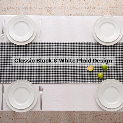 Black White Plaid Gingham Ruffle Table Runner 120 inches Long 100% Washed - Image 4