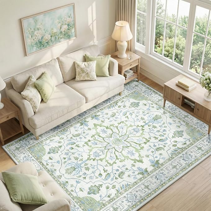 RELEANY Area Rugs 6'x8' Washable Non-Slip, Floral Vintage Distress Medallion by RELEANY