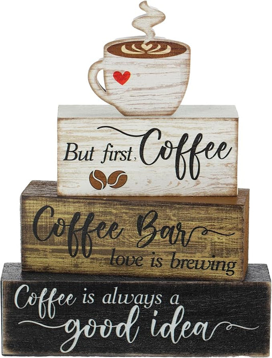 Moucuny 4 Pcs Wooden Coffee Bar Tabletop Decor Coffee Tiered Tray Decor Rustic by Moucuny