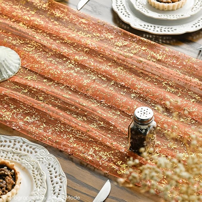 Artoid Mode 10PCS Orange Gold Gauze Table Runner 120 Inch 10FT, Glitter - Image 4