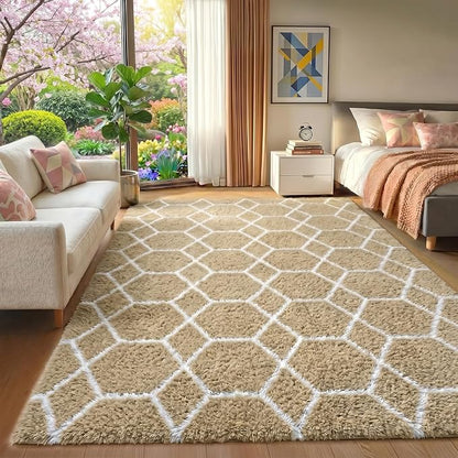 ONASAR Area Rugs for Bedroom Living Room, 4x6 Fluffy Beige and White Throw Rug by ONASAR