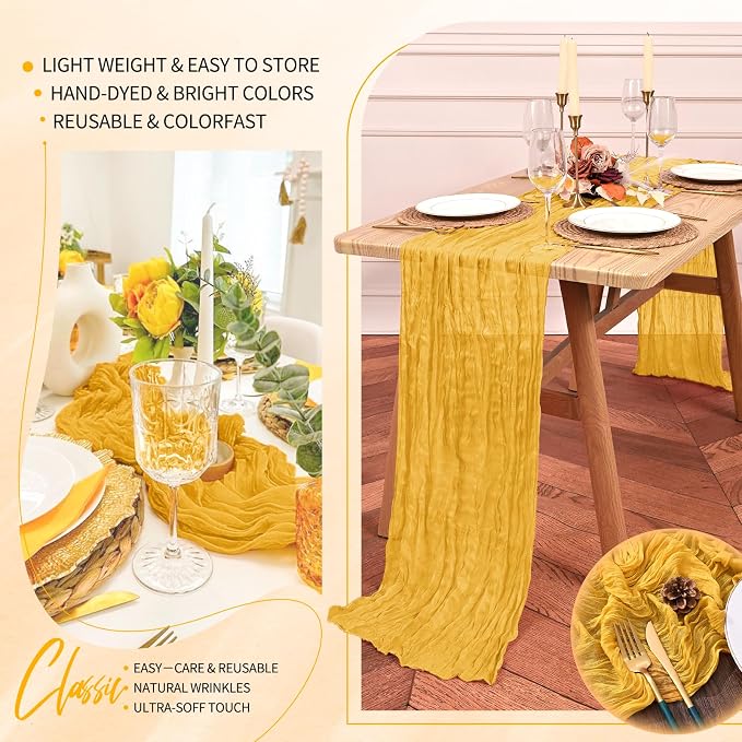 Showgeous 2 Pack Gold Cheesecloth Table Runners Boho Wedding Decor | Rustic - Image 5