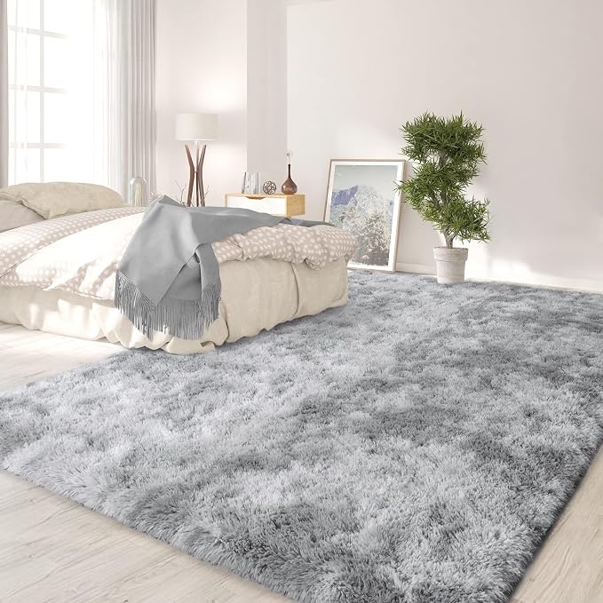 FlyDOIT Large Area Rugs for Living Room, 5x8 Feet Tie-Dyed Light Grey Shaggy - Image 3
