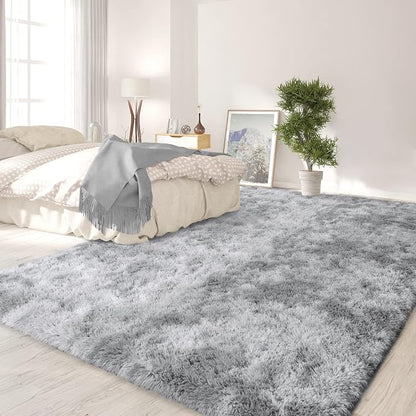 FlyDOIT Large Area Rugs for Living Room, 5x8 Feet Tie-Dyed Light Grey Shaggy - Image 3
