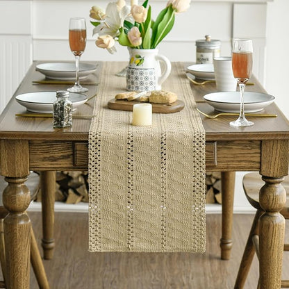 Artoid Mode Burlap Brown Woven Farmhouse Hollow Table Runner 12x48 Inch | - Image 2