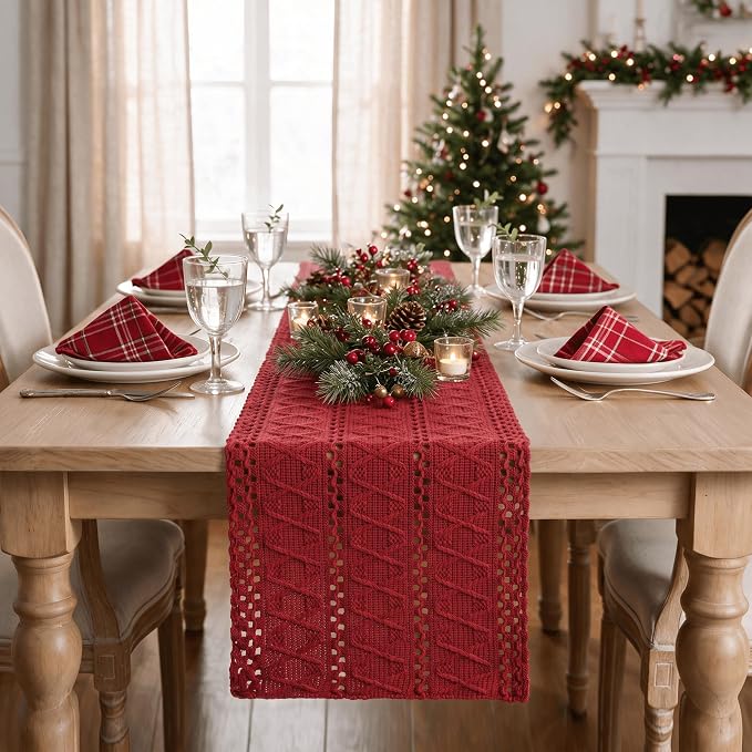 Artoid Mode Rose Red Woven Farmhouse Hollow Table Runner 12x48 Inch | Holiday - Image 3