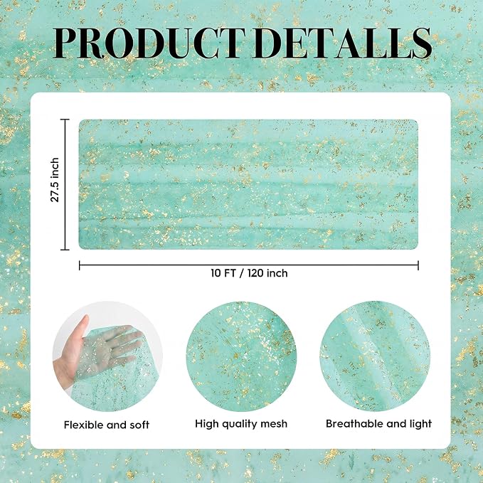 Artoid Mode 3Pcs Turquoise Gauze Gold Table Runner 10FT, Glitter Metallic Foil - Image 7