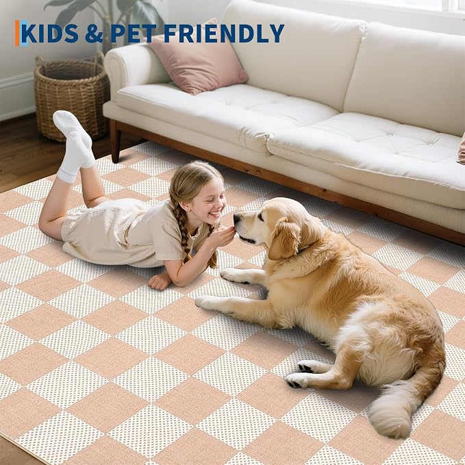 GarveeHome Checkered Blush Beige Neutral Nursery Kids Playroom 3x5 Washable Rug - Image 4