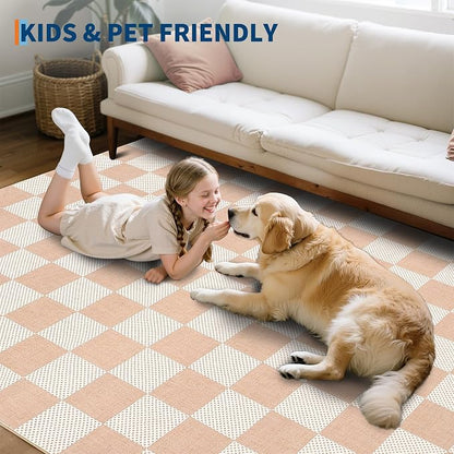 GarveeHome Checkered Blush Beige Neutral Nursery Kids Playroom 3x5 Washable Rug - Image 4