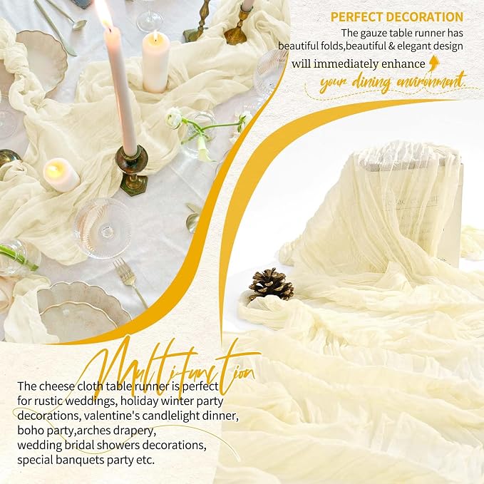 Showgeous 2 Pack Beige Cheesecloth Table Runners Boho Wedding Decor | Rustic - Image 6
