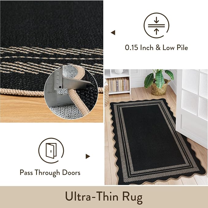 LIVEBOX Scalloped Easy Jute 2x3 Front Door Mat Black Kitchen Rug, Washable - Image 6