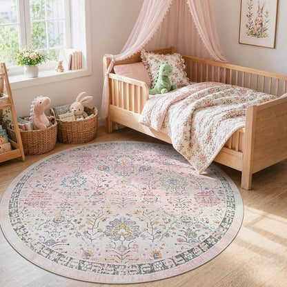 Lahome Girls Bedroom Pink Round Rug 6ft, Soft Washable Floral Circle Rug - Image 3