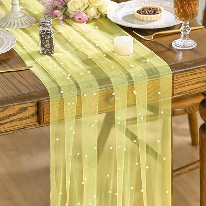 Artoid Mode Pearl Yellow Gauze Table Runner 59x120 Inch, Seasonal Sheer Kitchen by ArtoidMode
