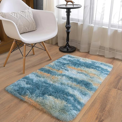Soft Runner Rugs for Bedroom Hallways, 2x3 Abstract Blue Fluffy Shag Throw Area - Image 3