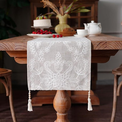 Embroidered Table Runner Boho Farmhouse Dresser Scarf, 4 Tassel Pendants by ARTBLOSS