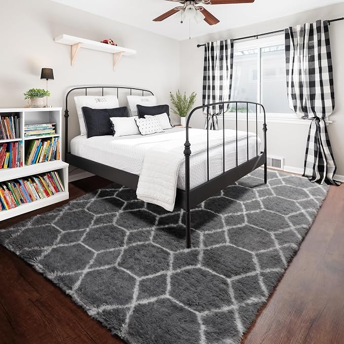 ONASAR 5x7 Area Rugs for Living Room Bedroom, Fluffy Grey and White Faux Fur - Image 7