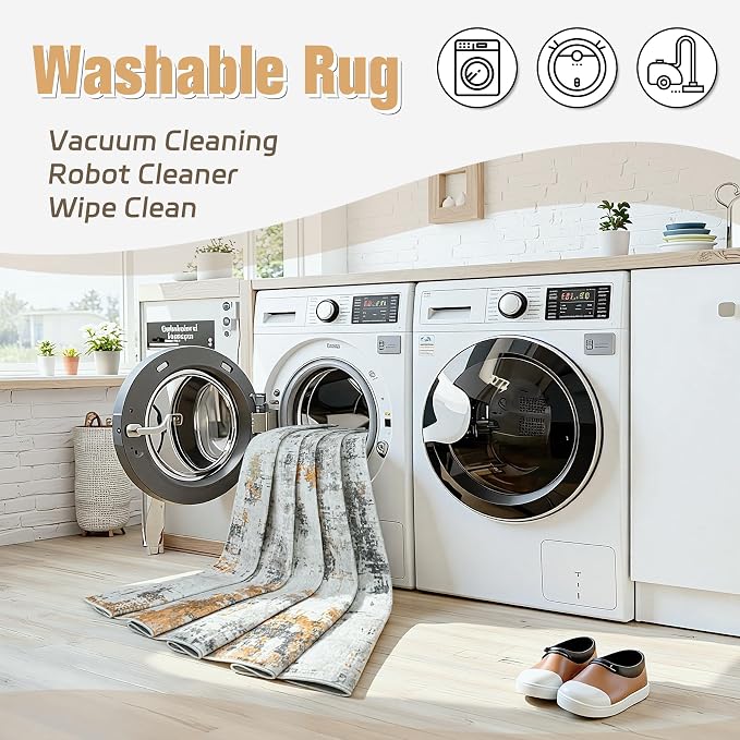 5x8 Area Rugs for Living Room Washable: Abstract Soft Thin Low Pile Grey Rug - Image 2