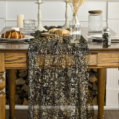 Artoid Mode Black Gold Gauze Table Runner 120 Inch 10Pcs, Glitter Metallic Foil - Image 2