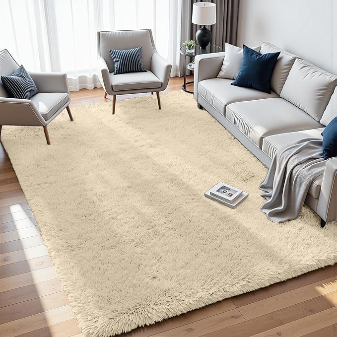 5x8 Area Rugs for Living Room: Soft Fluffy Shag Beige Rugs for Bedroom - Image 2