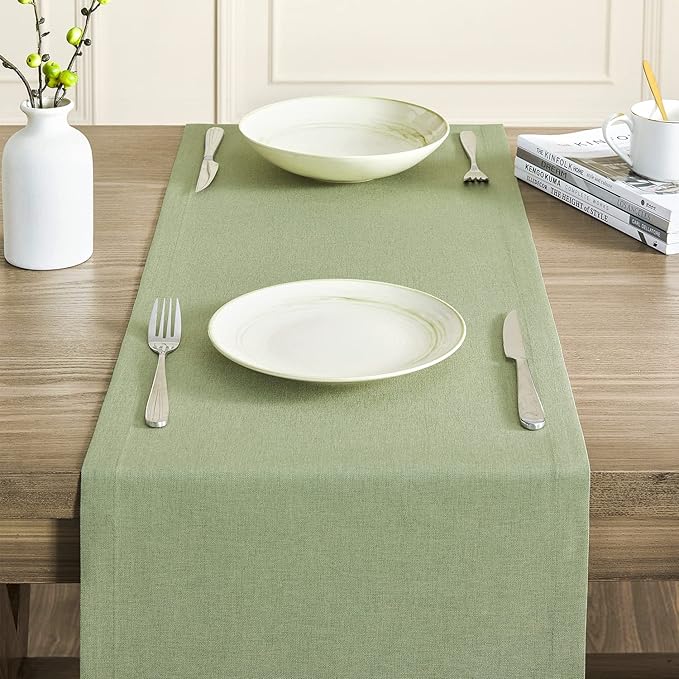 Basic Linen Style Table Runner, 14x72 Inch Sage Green | Mitered Corner Design - Image 5