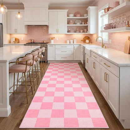 GarveeHome Checkered Blush Pink and White 2x3 Washbale Rug Door Mat Geometric - Image 3