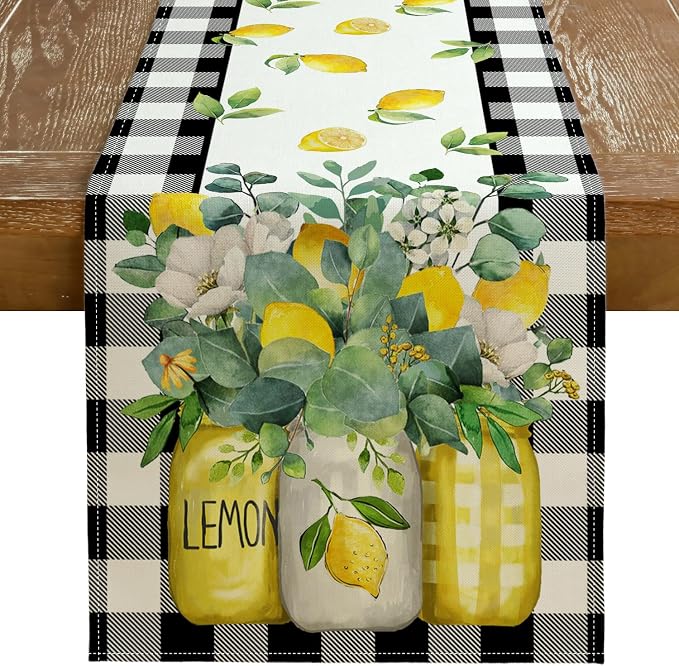 Black Buffalo Check Summer Table Runner 13 x 90 Inch, Lemon Vase Spring by GEEORY