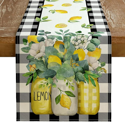 Black Buffalo Check Summer Table Runner 13 x 90 Inch, Lemon Vase Spring by GEEORY