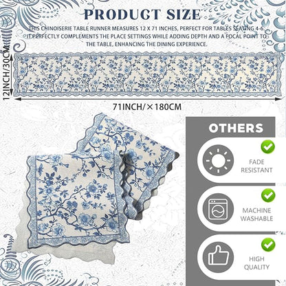 HunnmingRe 71x12 Inch Chinoiserie Table Runner Blue and White Floral Table - Image 2