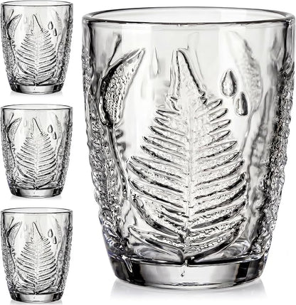 Clear Drinking Glasses Set of 4, 10 oz Glass Cups, Vintage Fern Glassware | by QELVIO