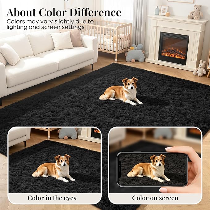 Area Rug for Living Room Bedroom: 5x7 Black Soft Fluffy Shag Upgrade Non-Slip - Image 7