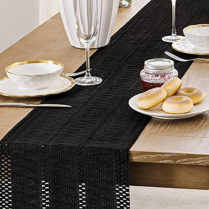 Macrame Style Boho Table Runner, 12x90 Inch Black | Woven Boho Table Runner - Image 5