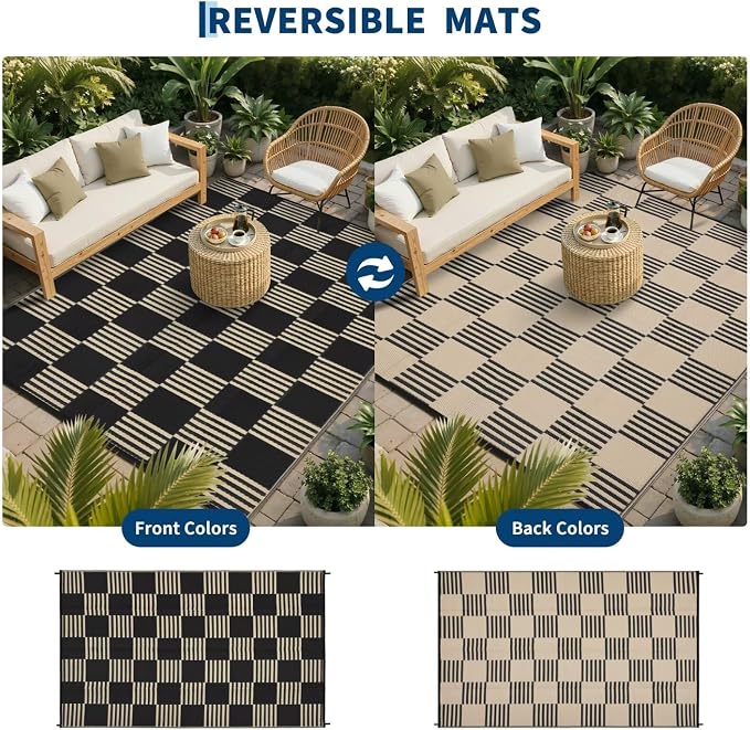 Garvee Waterproof Outdoor Rug 8x10, Checkered Foldable Plastic Straw Patio - Image 4